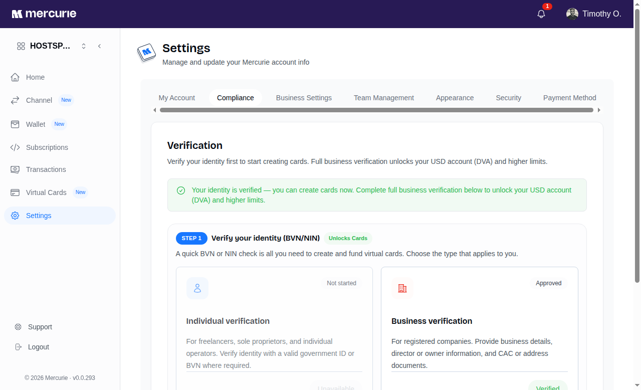 Mercurie compliance page showing verification options and card unlock guidance