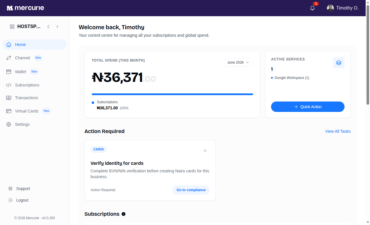 Mercurie dashboard showing the card identity verification task
