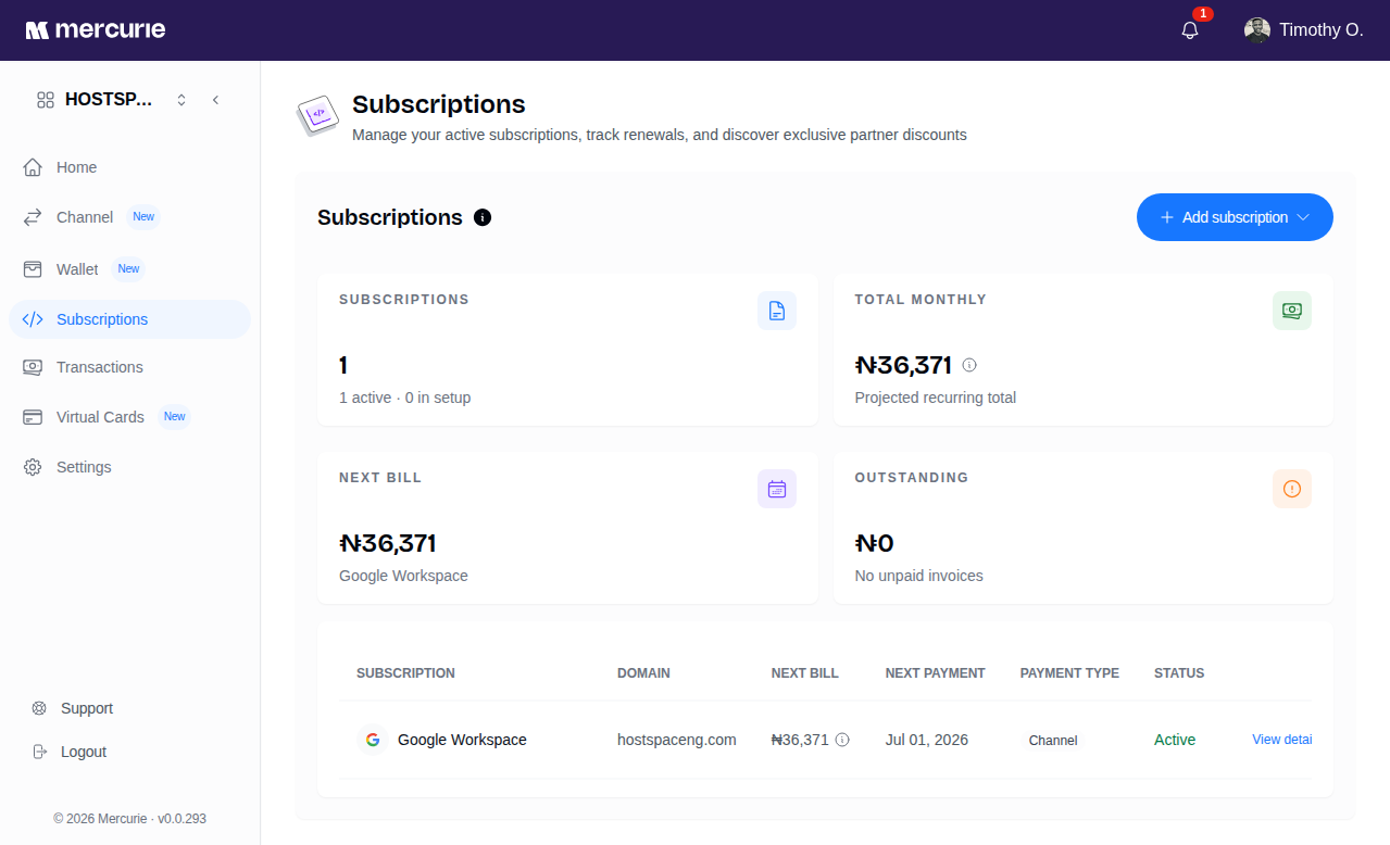 Mercurie subscriptions page showing subscription cards, next bill, outstanding balance, and active service table