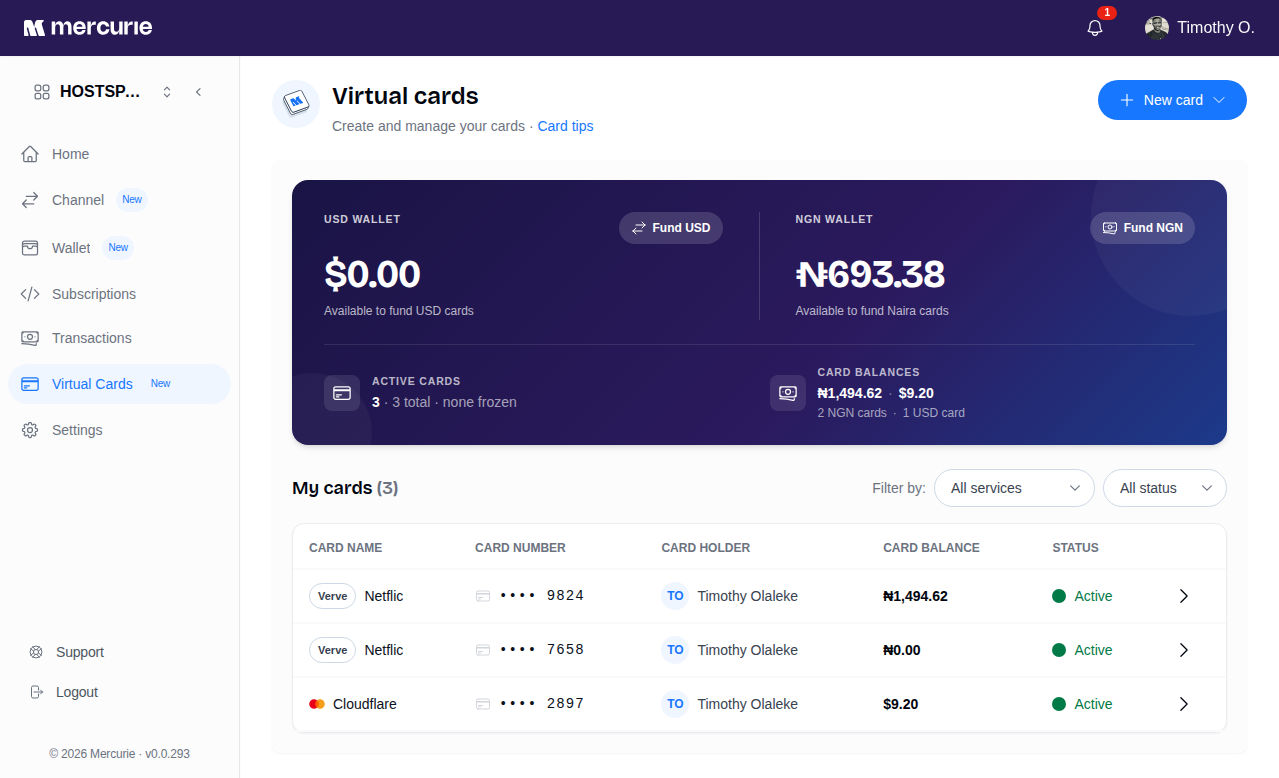 Mercurie virtual cards page showing wallet balances, card list, and new card action