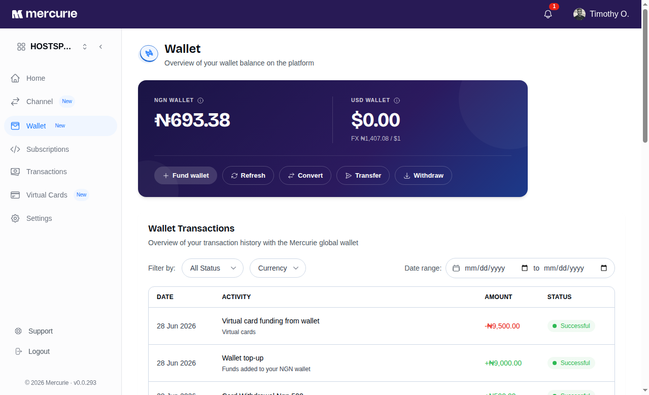 Mercurie wallet page showing fund, refresh, convert, transfer, and withdraw actions